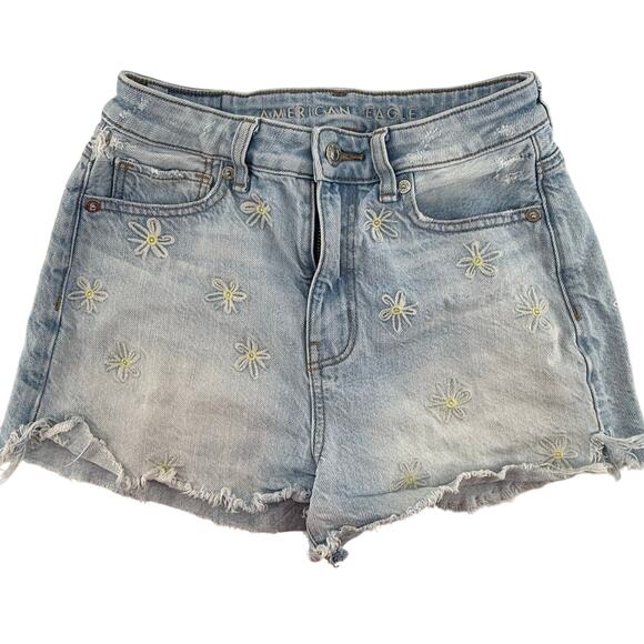 American Eagle Cutoff Denim Shorts Daisy Embroidered 00 Light Wash Festival Boho - Picture 1 of 4